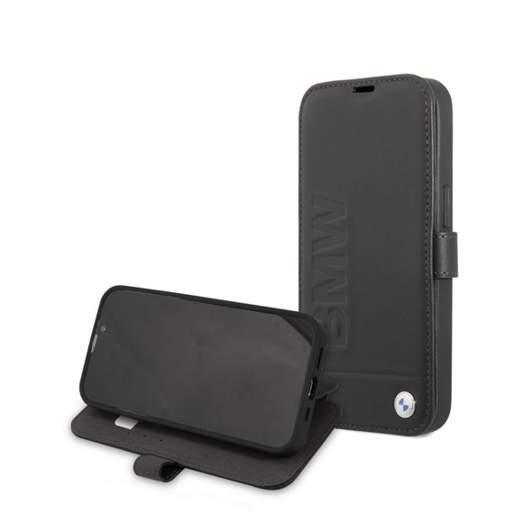BMW - iPhone 13 Pro Max Echtleder Tasche Flipcover Imprint (BMFLBKP13XSLLBK) - Schwarz