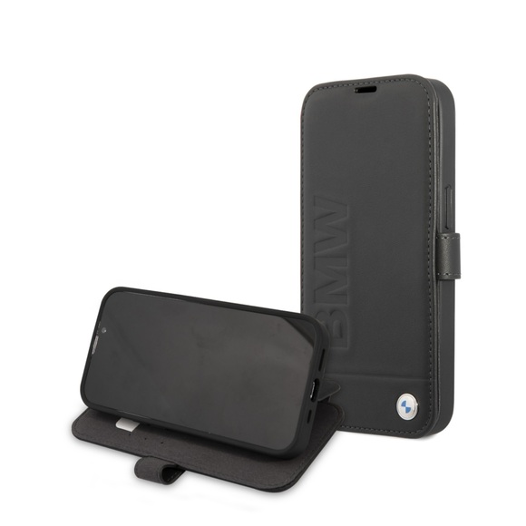BMW - iPhone 13 Pro Echtleder Tasche Flipcover Imprint (BMFLBKP13LSLLBK) - Schwarz