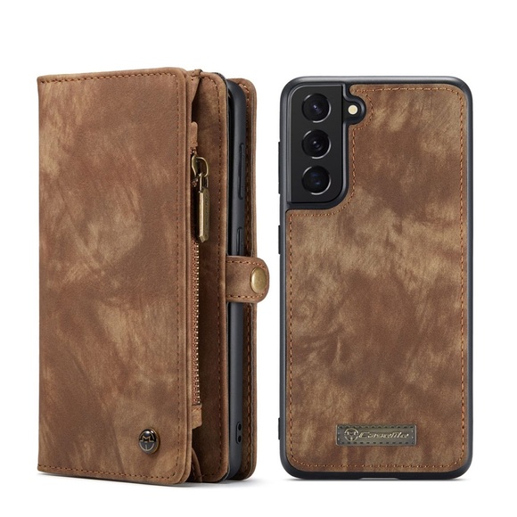 Caseme - Samsung Galaxy S21 5G 2in1 Echtleder Tasche + Magnet Hardcase Karten Etui - Braun