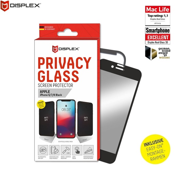 Displex - iPhone 8 / 7 / 6S / 6 Privacy Panzer Glas 3D Display-Schutzglas Easy-On® Montagerahmen Case Friendly 0.33 mm - Schwarz