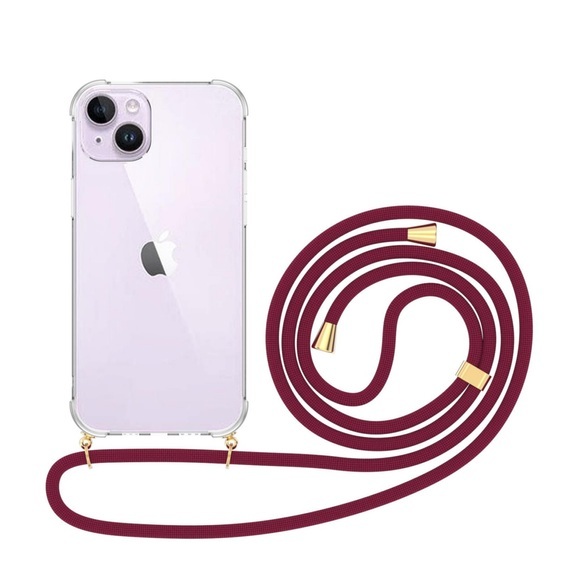 Apfelkiste © - iPhone 14 Plus Necklace Gummi Hülle Air Cushion Fallschutz + Handykette (150cm) - Transparent / Dunkelrot