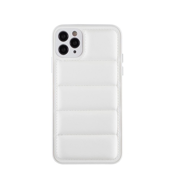iPhone 11 Pro Max Gepolsterte 3D Puffer Case Hülle mit Leder Rückseite - Weiss