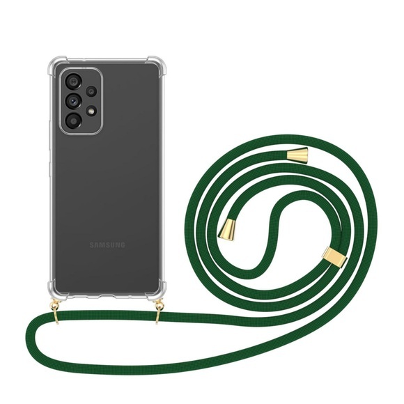 Apfelkiste © - Samsung Galaxy A53 5G Necklace Gummi Hülle Air Cushion Fallschutz + Handykette (150cm) - Dunkelgrün / Gold