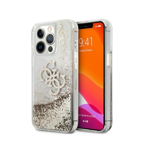 Guess - iPhone 13 Pro Hardcase Hülle Liquid Glitter Big 4G (GUHCP13LLG4GGO) - Gold / Transparent
