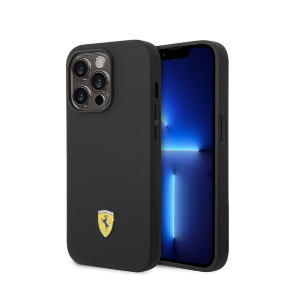 Ferrari - iPhone 14 Pro Silikon Hardcase Hülle Metall Logo (FEHCP14LSIBBK) - Schwarz