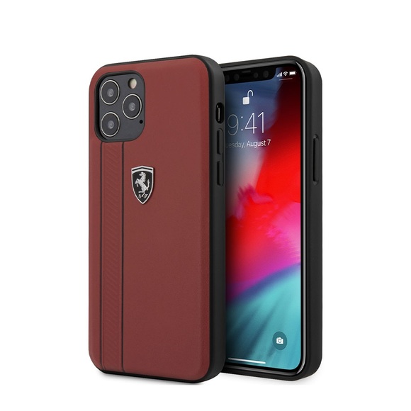 Ferrari - iPhone 12 / iPhone 12 Pro Echtleder Hardcase Hülle Shield Off Track Stripes (FEODIHCP12MRE) - Rot