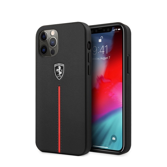 Ferrari - iPhone 12 Pro Max Echtleder Hardcase Hülle Shield Off Track Nylon Stripe (FEOMSHCP12LBK) - Schwarz