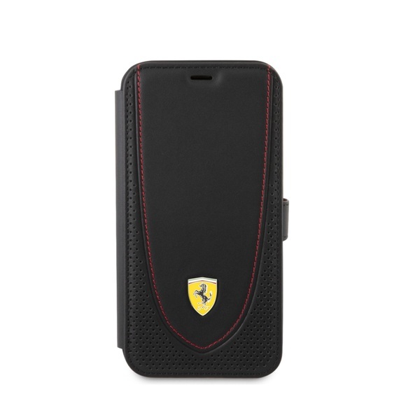 Ferrari - iPhone 13 Pro Echtleder Tasche Flipcover Stitched Red Line (FEFLBKP13LRGOK) - Schwarz