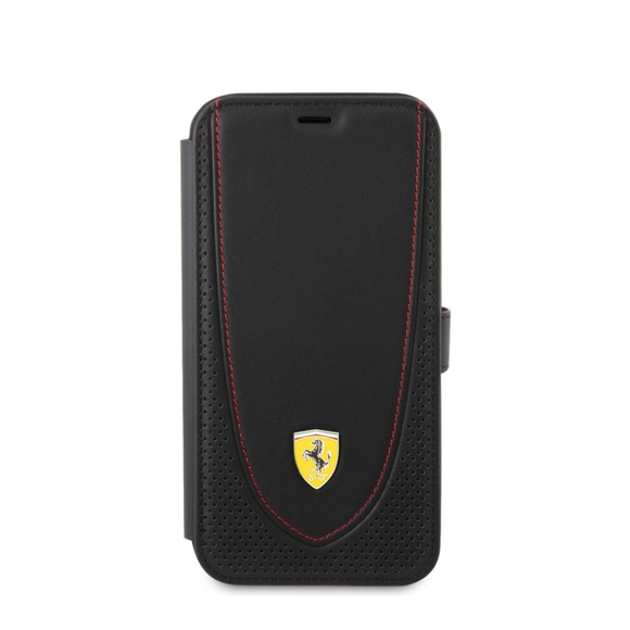 Ferrari - iPhone 13 Pro Max Echtleder Tasche Flipcover Stitched Red Line (FEFLBKP13XRGOK) - Schwarz