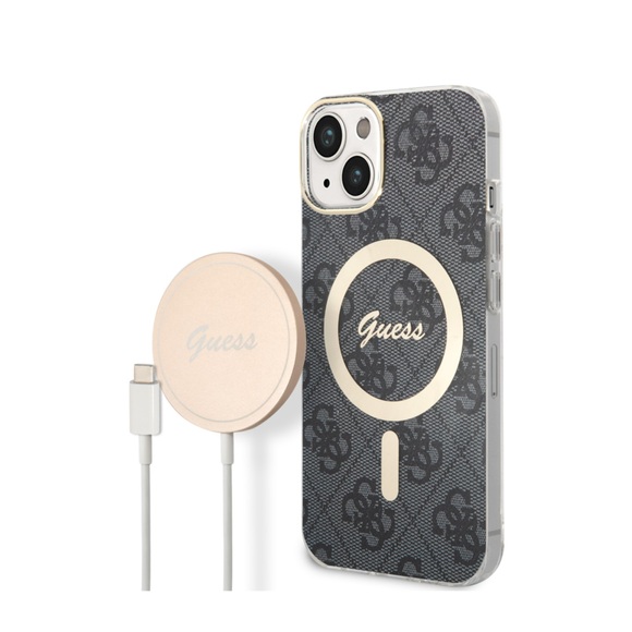 Guess - 2in1 Bundle iPhone 14 MagSafe Hardcase Hülle 4G Print + MagSafe USB-C Charger (GUBPP14SH4EACSK) - Schwarz