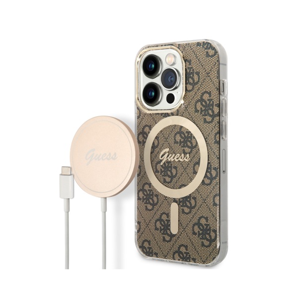 Guess - 2in1 Bundle iPhone 14 Pro MagSafe Hardcase Hülle 4G Print + MagSafe USB-C Charger (GUBPP14LH4EACSW) - Braun