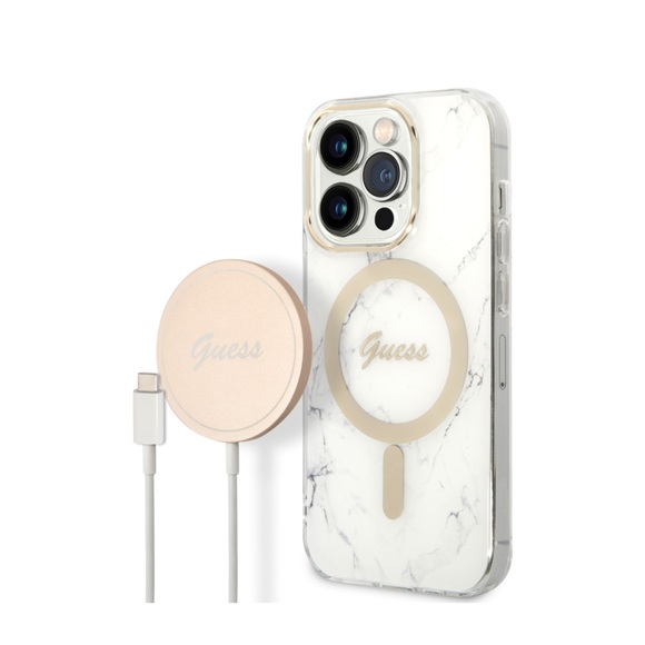 Guess - 2in1 Bundle iPhone 14 Pro MagSafe Hardcase Hülle Marble + MagSafe USB-C Charger (GUBPP14LHMEACSH) - Weiss