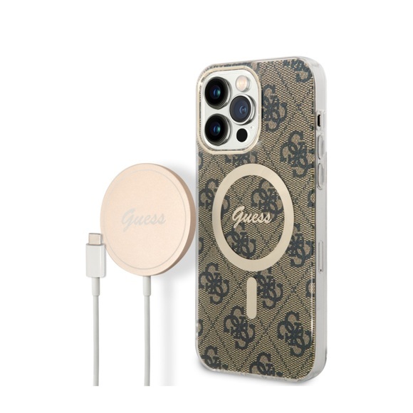 Guess - 2in1 Bundle iPhone 14 Pro Max MagSafe Hardcase Hülle 4G Print + MagSafe USB-C Charger (GUBPP14XH4EACSW) - Braun
