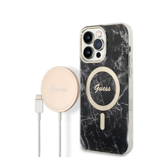 Guess - 2in1 Bundle iPhone 14 Pro Max MagSafe Hardcase Hülle Marble + MagSafe USB-C Charger (GUBPP14XHMEACSK) - Schwarz