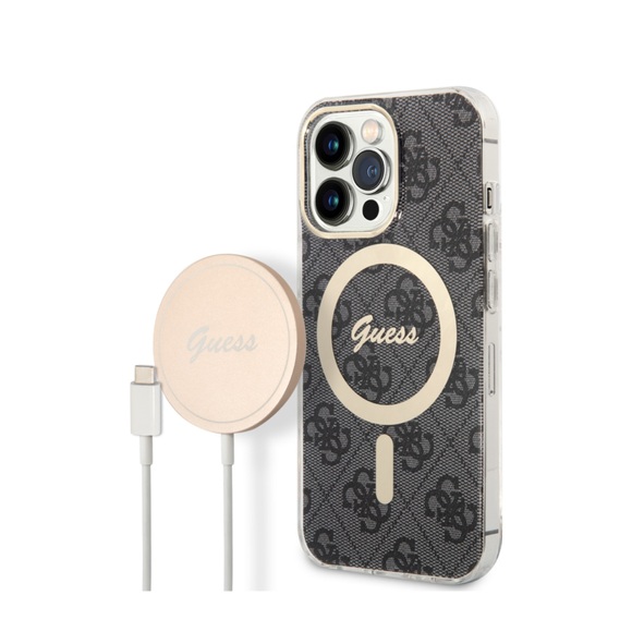 Guess - 2in1 Bundle iPhone 13 Pro MagSafe Hardcase Hülle 4G Print + MagSafe USB-C Charger (GUBPP13LH4EACSK) - Schwarz