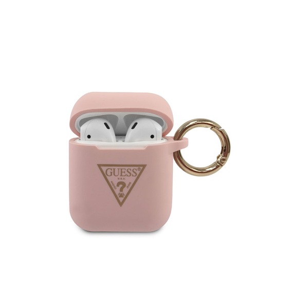 Guess - AirPods (1. & 2. Generation) Silikon Schutzhülle Triangle mit Scharnierring (GUACA2LSTLPI) - Rosa / Gold