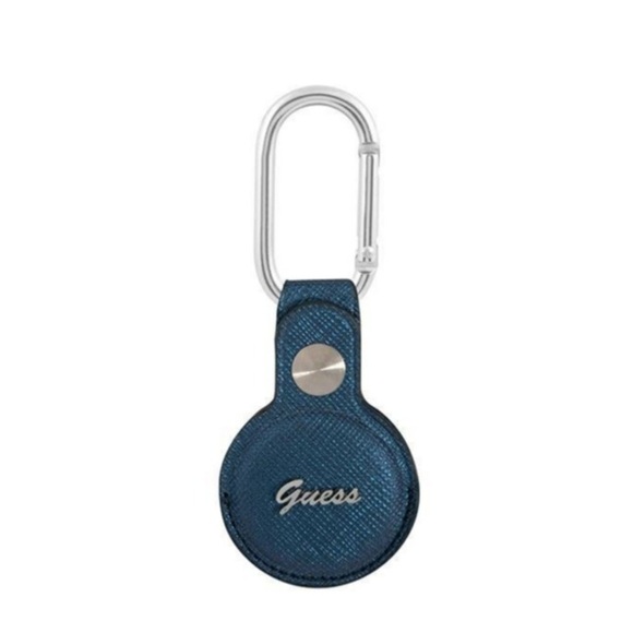 Guess - Apple AirTag Saffiano Anhänger Leder Hülle Script Logo Dog Clip + Karabinerhaken (GUATPSASRSB) - Dunkelblau