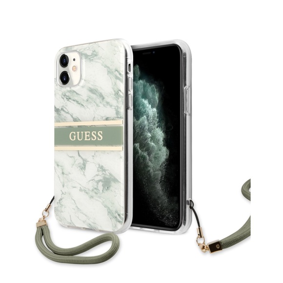 Guess - iPhone 11 Hardcase Hülle Marble Strap (GUHCN61KMABGN) - Weiss / Grün