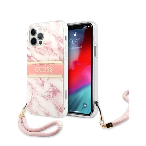 Guess - iPhone 12 / 12 Pro Hardcase Hülle Marble Strap (GUHCP12MKMABPI) - Weiss / Rosa
