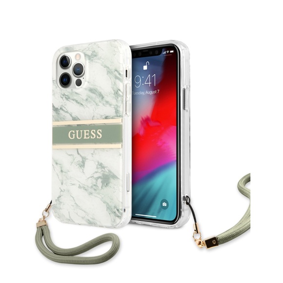 Guess - iPhone 12 / 12 Pro Hardcase Hülle Marble Strap (GUHCP12MKMABGN) - Weiss / Grün