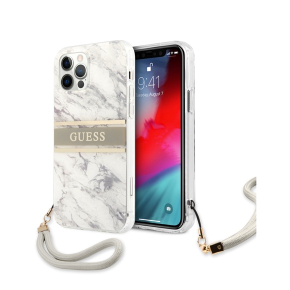 Guess - iPhone 12 Pro Max Hardcase Hülle Marble Strap (GUHCP12LKMABGR) - Weiss / Grau