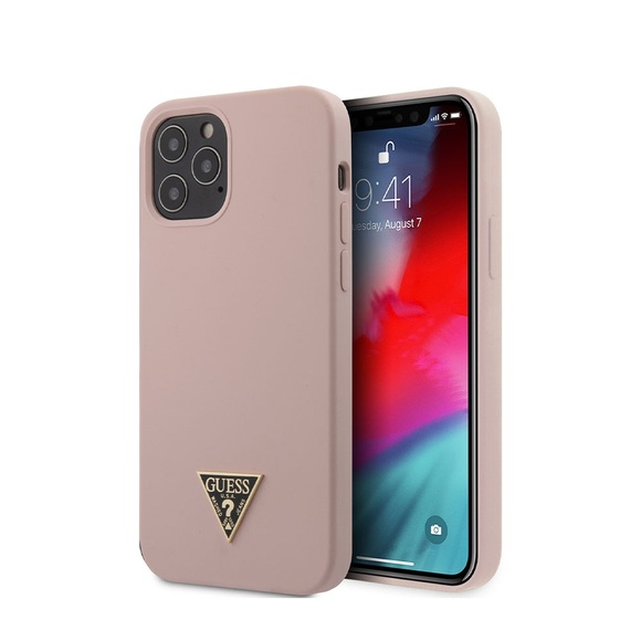 Guess - iPhone 12 Pro Max Silikon Hardcase Hülle Triangle (GUHCP12LLSTMLP) - Rosa / Gold