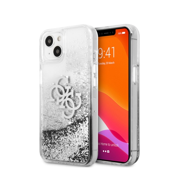 Guess - iPhone 13 Hardcase Hülle Liquid Glitter Big 4G (GUHCP13MLG4GSI) - Silber / Transparent