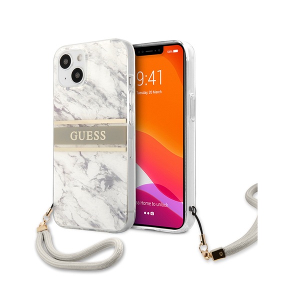 Guess - iPhone 13 Hardcase Hülle Marble Strap (GUHCP13MKMABGR) - Weiss / Grau