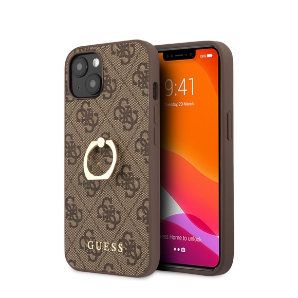 Guess - iPhone 13 Leder Hardcase Hülle Ring (GUHCP13M4GMRBR) - Braun