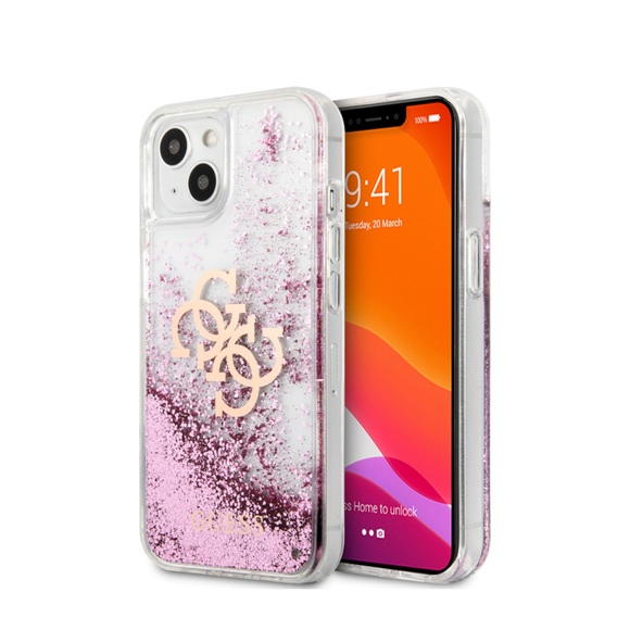 Guess - iPhone 13 Mini Hardcase Hülle Liquid Glitter Big 4G (GUHCP13SLG4GPI) - Pink / Transparent