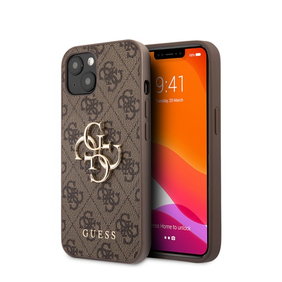 Guess - iPhone 13 Mini Leder Hardcase Hülle Metall Logo (GUHCP13S4GMGB) - Braun / Gold