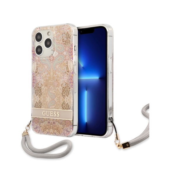 Guess - iPhone 13 Pro Hardcase Hülle Flower Strap (GUHCP13LHFLSD) - Gold / Transparent