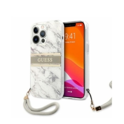 Guess - iPhone 13 Pro Hardcase Hülle Marble Strap (GUHCP13LKMABGR) - Weiss / Grau