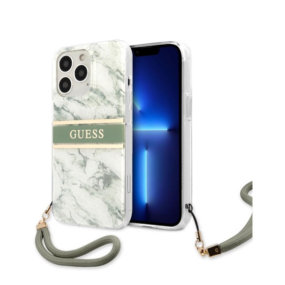 Guess - iPhone 13 Pro Hardcase Hülle Marble Strap (GUHCP13LKMABGN) - Weiss / Grün