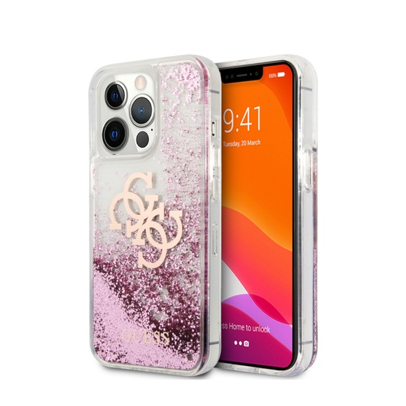 Guess - iPhone 13 Pro Max Hardcase Hülle Liquid Glitter Big 4G (GUHCP13XLG4GPI) - Pink / Transparent