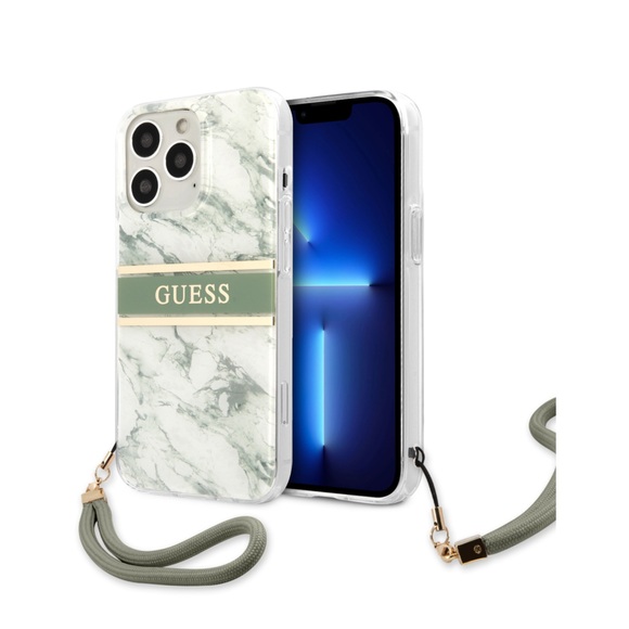 Guess - iPhone 13 Pro Max Hardcase Hülle Marble Strap (GUHCP13XKMABGN) - Weiss / Grün
