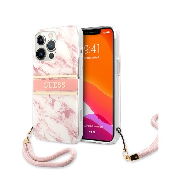 Guess - iPhone 13 Pro Max Hardcase Hülle Marble Strap (GUHCP13XKMABPI) - Weiss / Rosa