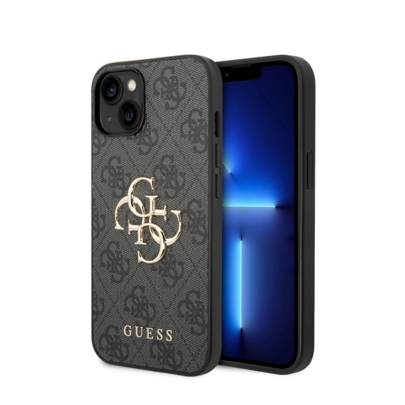 Guess - iPhone 14 Leder Hardcase Hülle Metall Logo (GUHCP14S4GMGGR) - Grau / Gold
