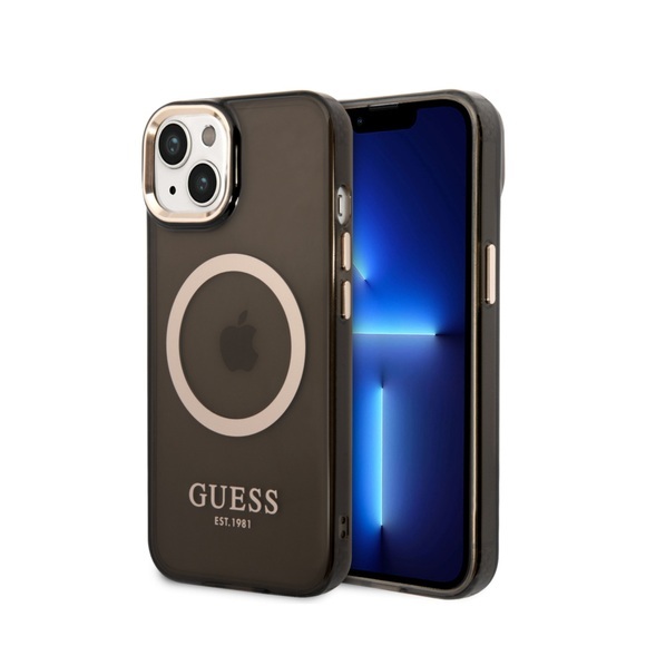 Guess - iPhone 14 Plus MagSafe Hardcase Hülle Metal Outline (GUHMP14MHTCMK) - Schwarz / Gold