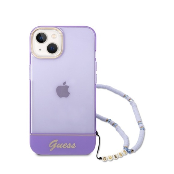 Guess - iPhone 14 Plus Hardcase Hülle Translucent + Pearl Strap Trageschlaufe (GUHCP14MHGCOHU) - Lila / Transparent