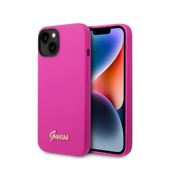 Guess - iPhone 14 Plus Silikon Hardcase Hülle Vintage Script (GUHCP14MSLSMF) - Pink / Gold