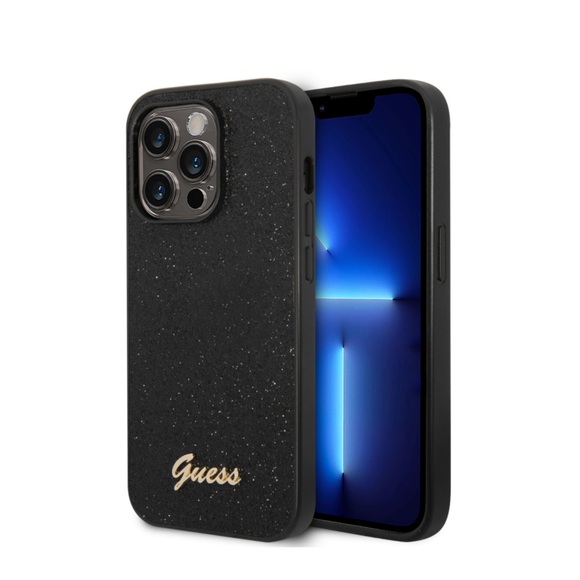 Guess - iPhone 14 Pro Hardcase Hülle Glitter Script (GUHCP14LHGGSHK) - Schwarz / Transparent