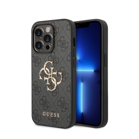 Guess - iPhone 14 Pro Leder Hardcase Hülle Metall Logo (GUHCP14L4GMGGR) - Grau / Gold
