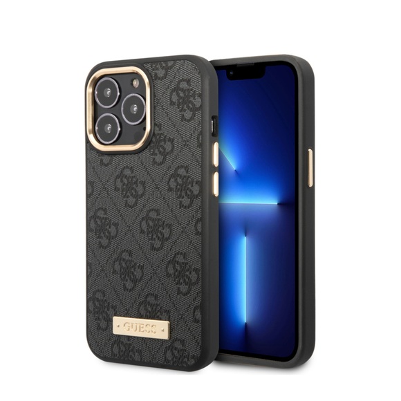 Guess - iPhone 14 Pro Max MagSafe Leder Hardcase Hülle 4G Logo Plate (GUHMP14XU4GPRK) - Schwarz / Gold