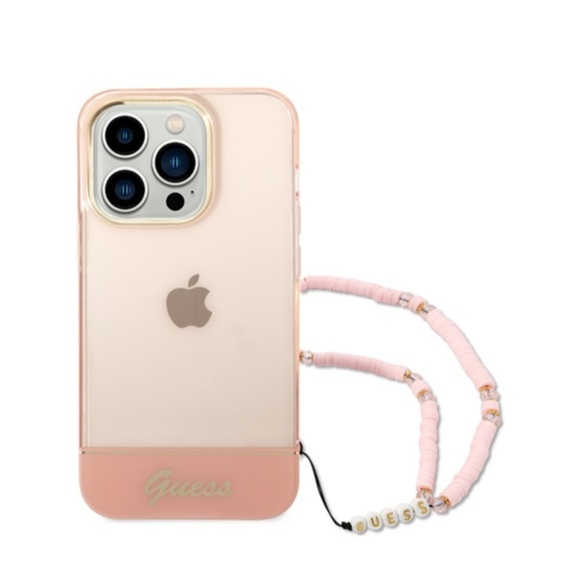 Guess - iPhone 14 Pro Max Hardcase Hülle Translucent + Pearl Strap Trageschlaufe (GUHCP14XHGCOHP) - Rosa / Transparent