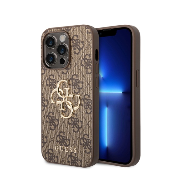 Guess - iPhone 14 Pro Max Leder Hardcase Hülle Metall Logo (GUHCP14X4GMGBR) - Braun / Gold
