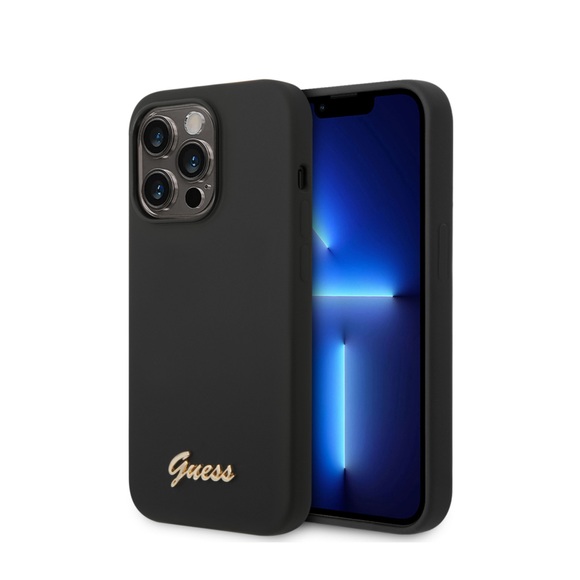 Guess - iPhone 14 Pro Silikon Hardcase Hülle Vintage Script (GUHCP14LSLSMK) - Schwarz / Gold