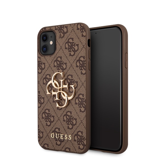 Guess - iPhone 11 Leder Hardcase Hülle Metall Logo (GUHCN614GMGBR) - Braun / Gold