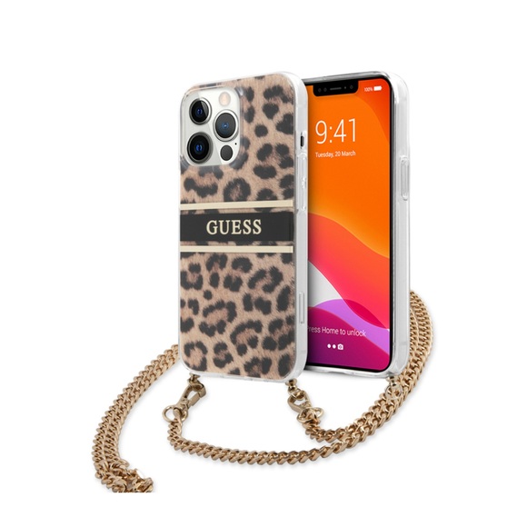 Guess - iPhone 13 Pro Necklace Hardcase Hülle Air Cushion Chain Leopard + Handykette (GUHCP13LKBCLE) - Gold