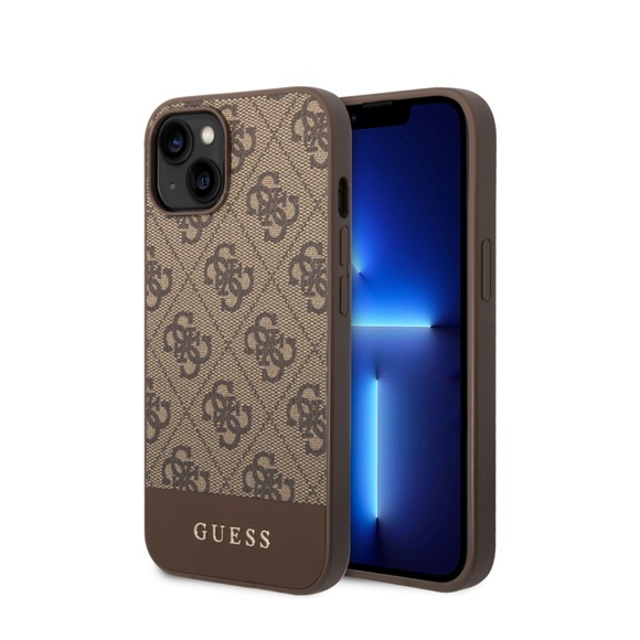 Guess - iPhone 14 Leder Hardcase Hülle 4G Stripe (GUHCP14SG4GLBR) - Braun